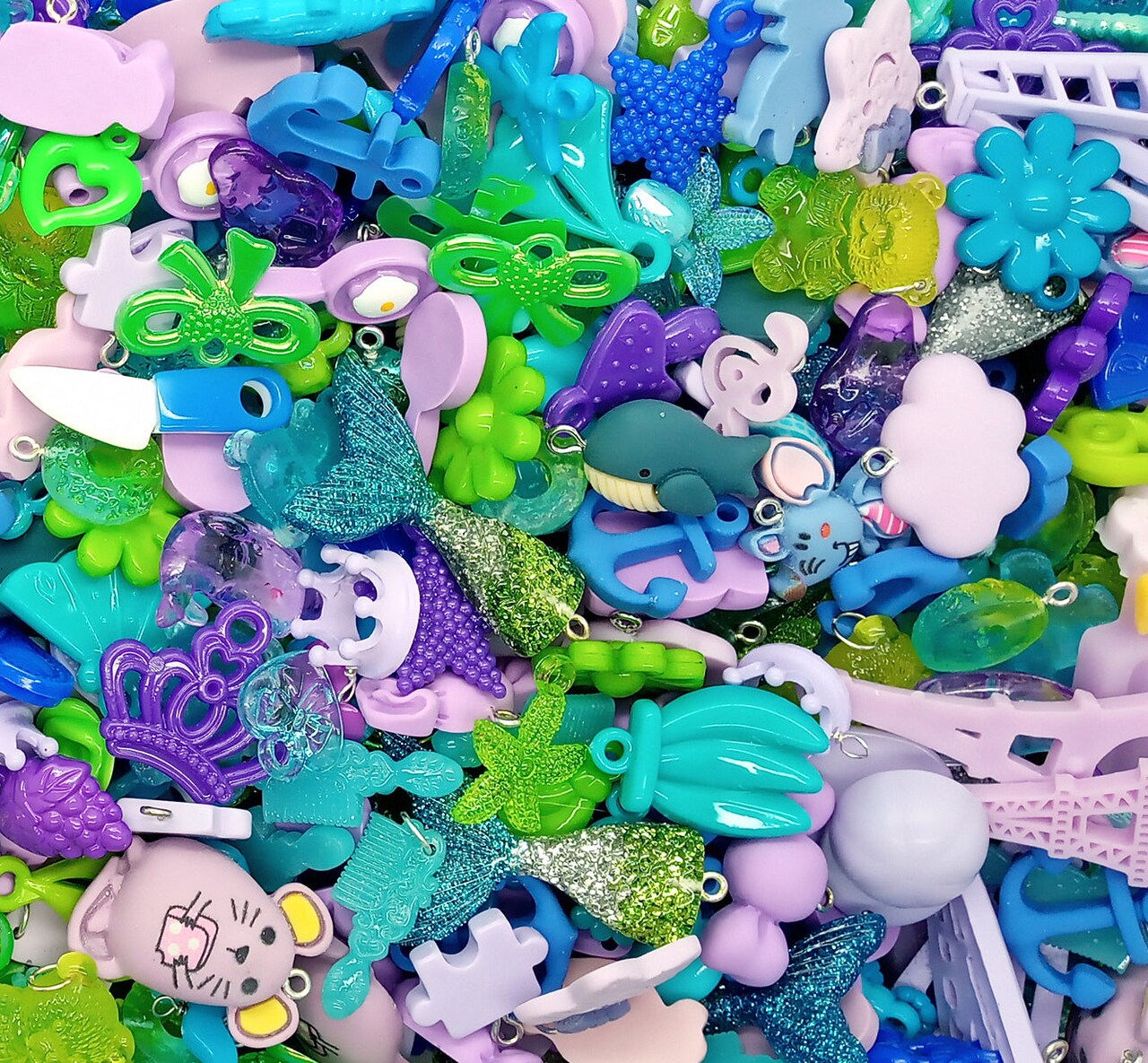 Cute Charm Mix in Blue Green & Purple, 30 pieces, Flatback Resin and Acrylic Mix, Adorabilities